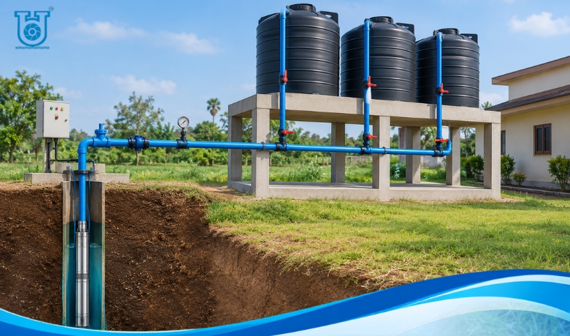 One borewell submersible pump supplying water to three storage tanks